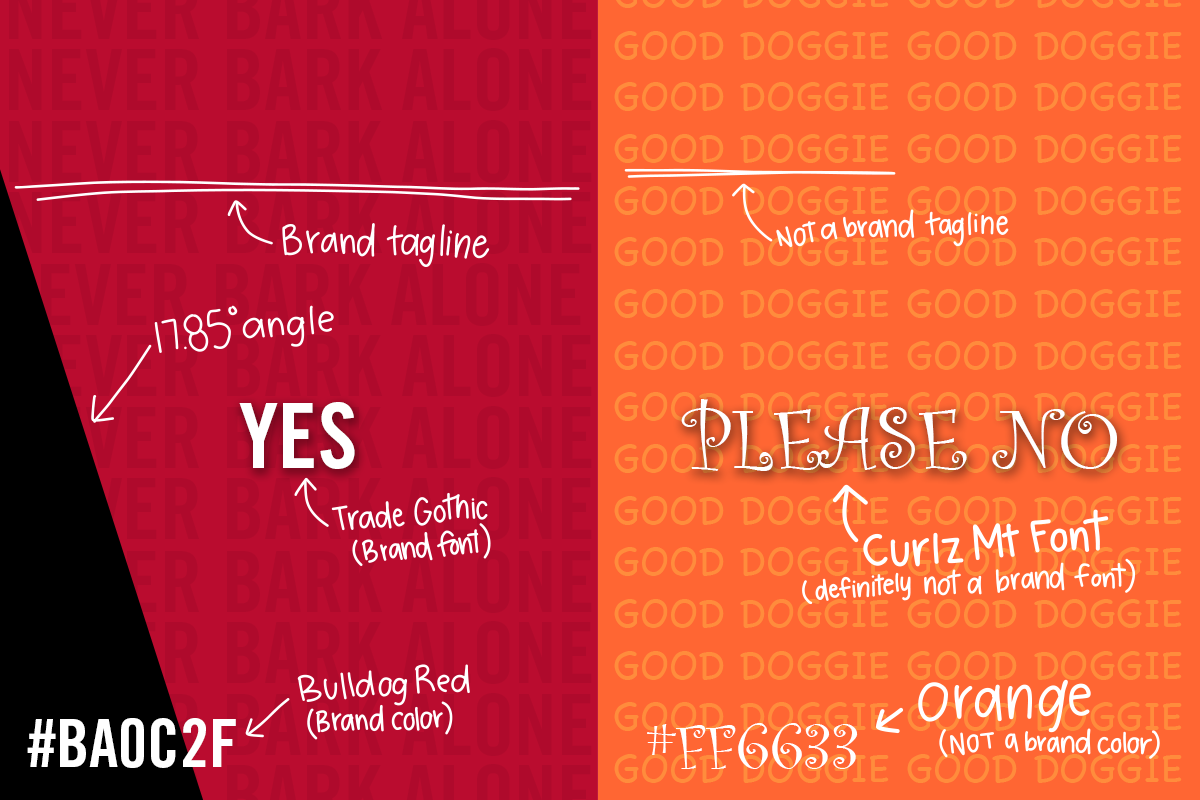 Image detailing dos and don'ts of design for the UGA brand.